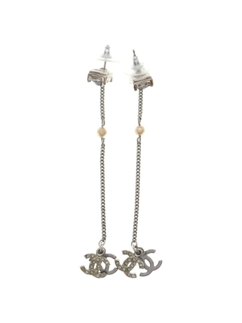 Chanel CC Logo Earrings Rhinestone Drop Faux Pearl Silver 05P